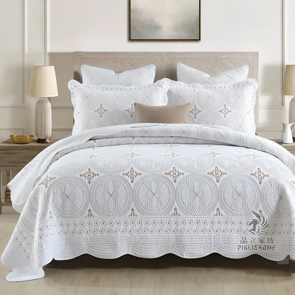 European-style cotton embroidered bedspread and pillowcase set on a 1.8 metre bed.