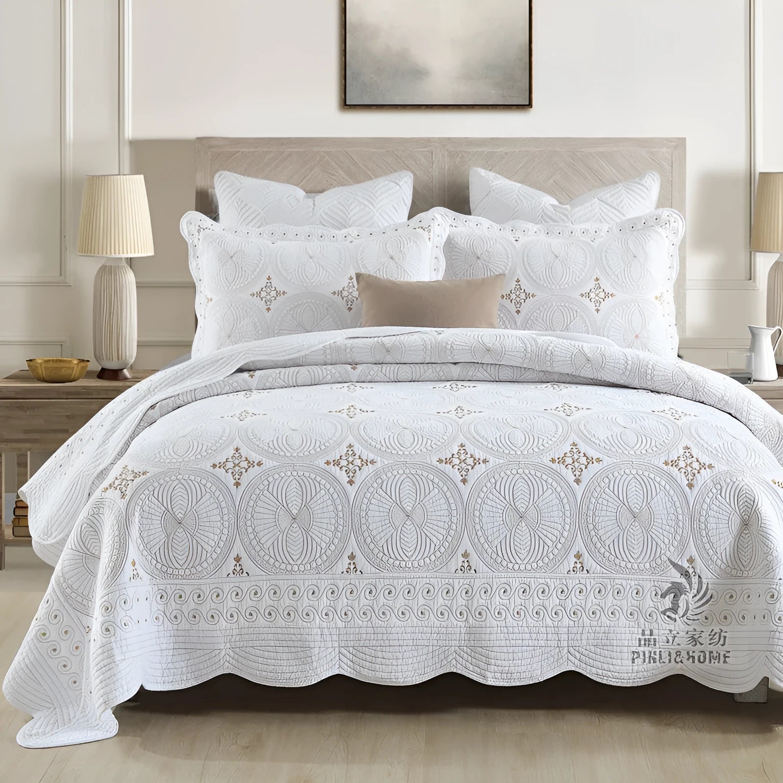 European-style cotton embroidered bedspread and pillowcase set on a 1.8 metre bed.