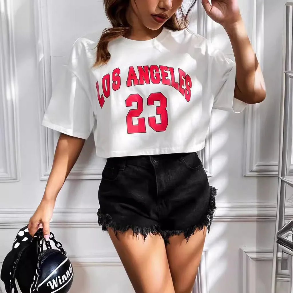 Personalised English letters cotton summer t-shirt with exposed navel design in black or white colours