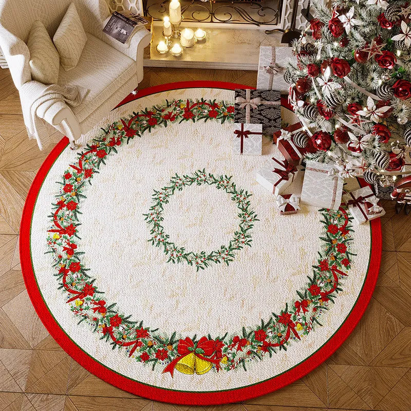 Red Christmas round carpet with festive designs on living room floor