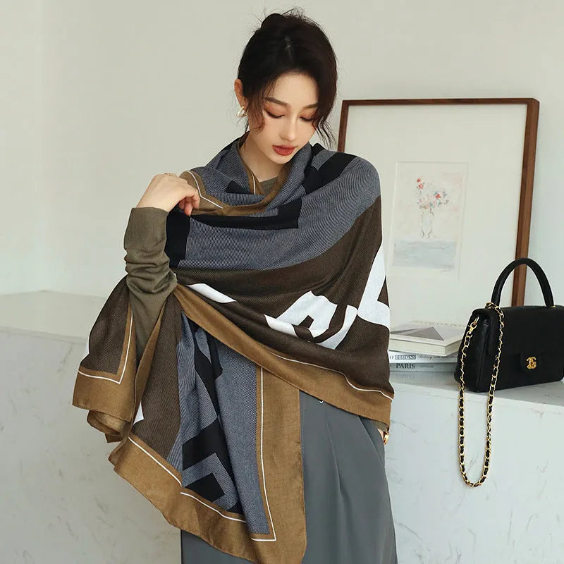 Women's vintage printed polyester scarf showing 180cm length and decorative pattern