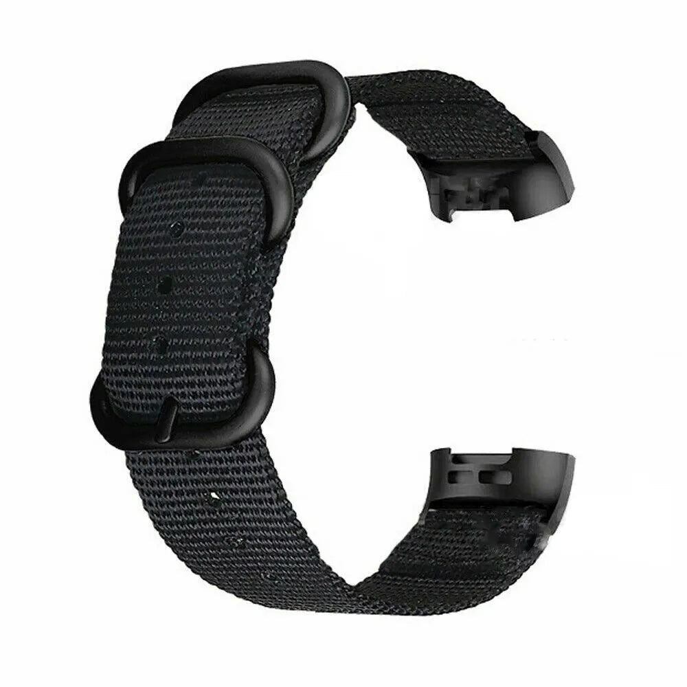 Nylon three-ring buckle replacement strap for Fitbit Charge 3 fitness tracker in multiple colours.