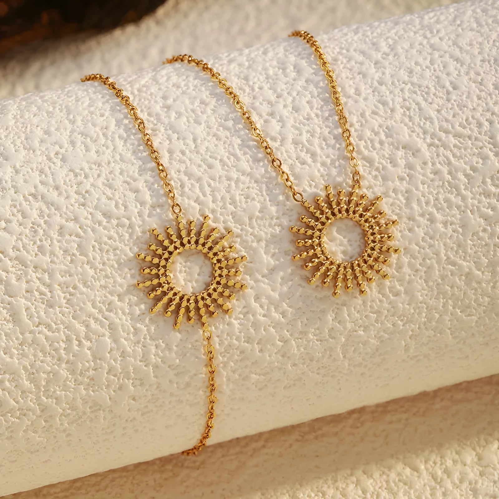Sunflower series women's necklace and bracelet set with 14K gold plating on stainless steel