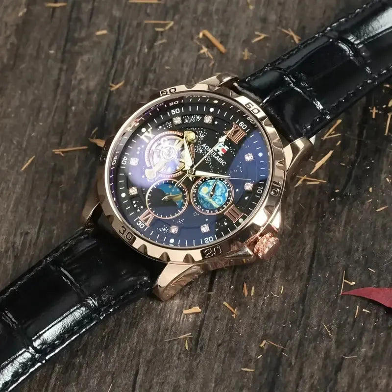 Men's black automatic skeleton watch with rose gold case and leather strap showing mechanical movement