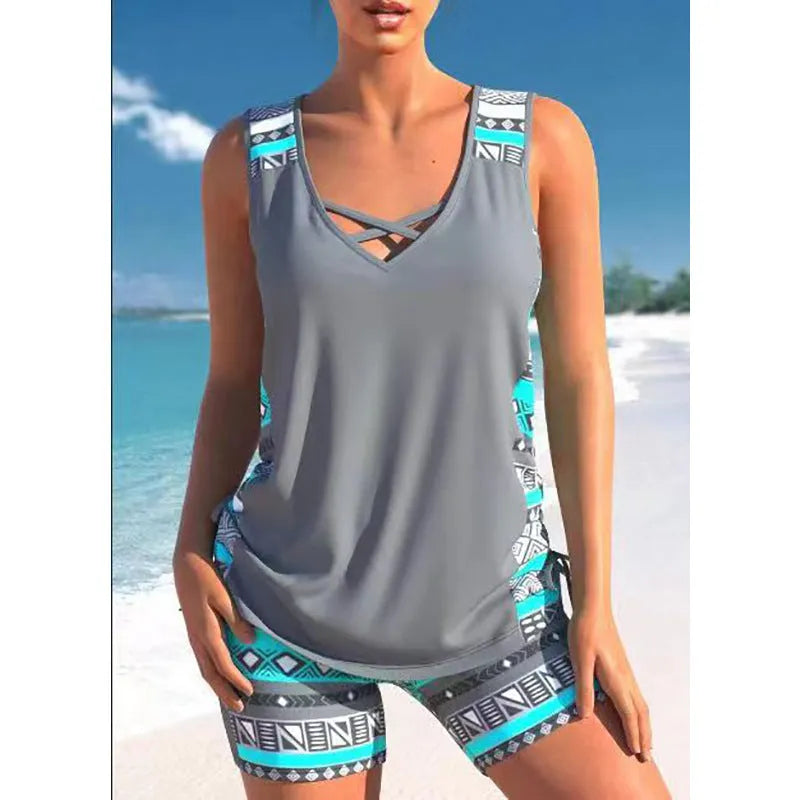 Women's blue printed lace two-piece swimsuit with floral pattern