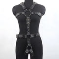 Black imitation leather women's shapewear bondage suit with glossy patent leather finish and thin pin buckle.