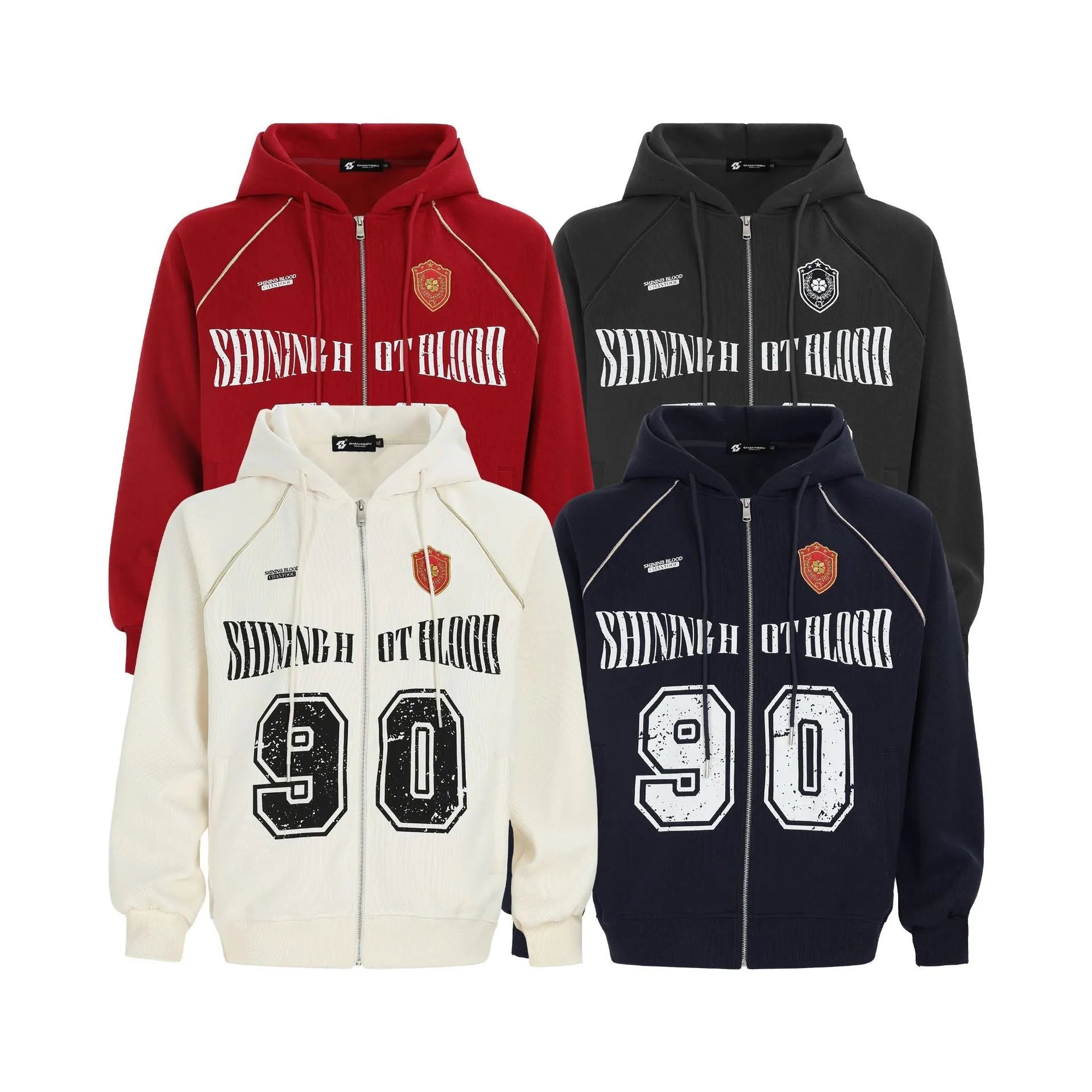 Women's loose red American retro hooded cardigan jacket with white letter embroidery on the front.