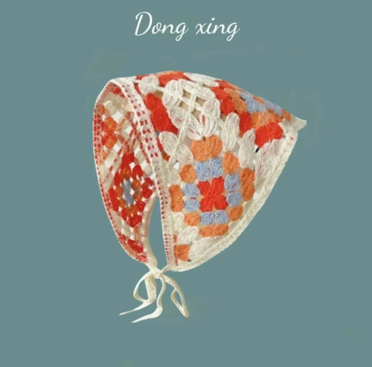 Women's cotton triangular headscarf with floral pattern, shown in beige blue little daisy design.