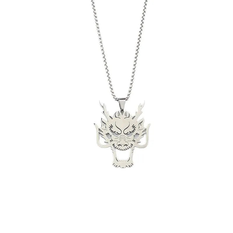 Hollow wolf head stainless steel pendant necklace with polished finish and 60cm chain on neutral background