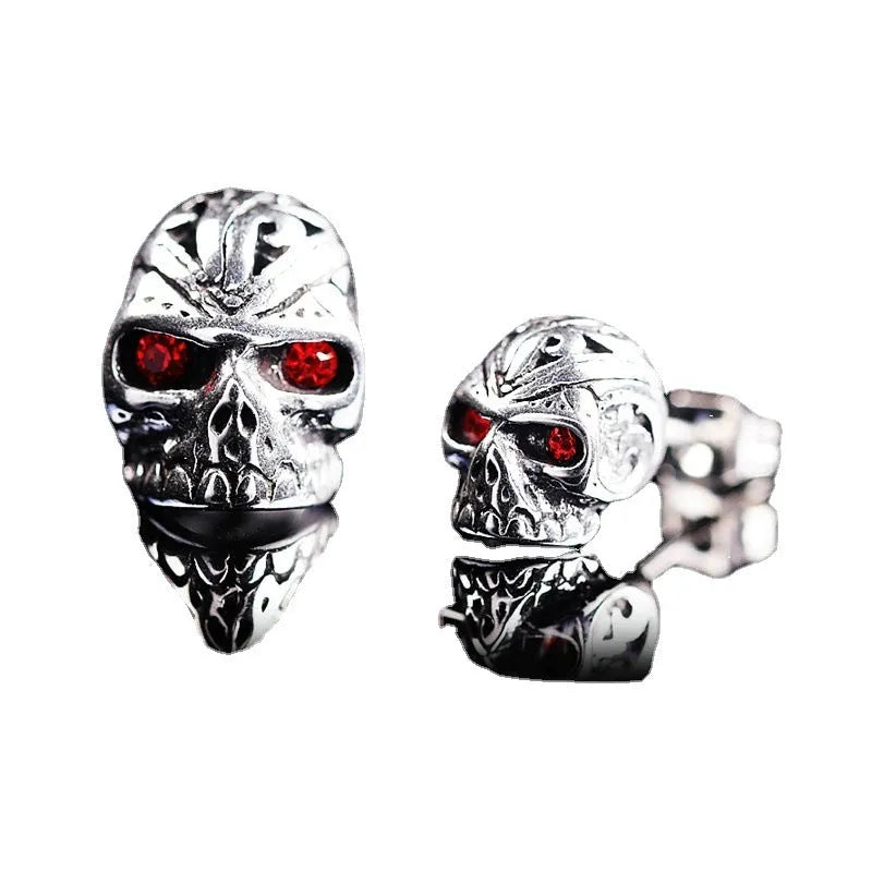 Red skull stud earrings with ghost head design and artificial gemstone eye inlay