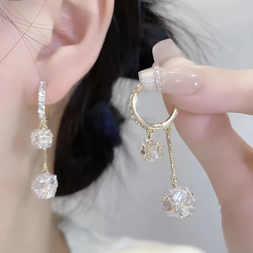 Silver women's earrings with tassel ball and rhinestone confession balloon pendant drop design