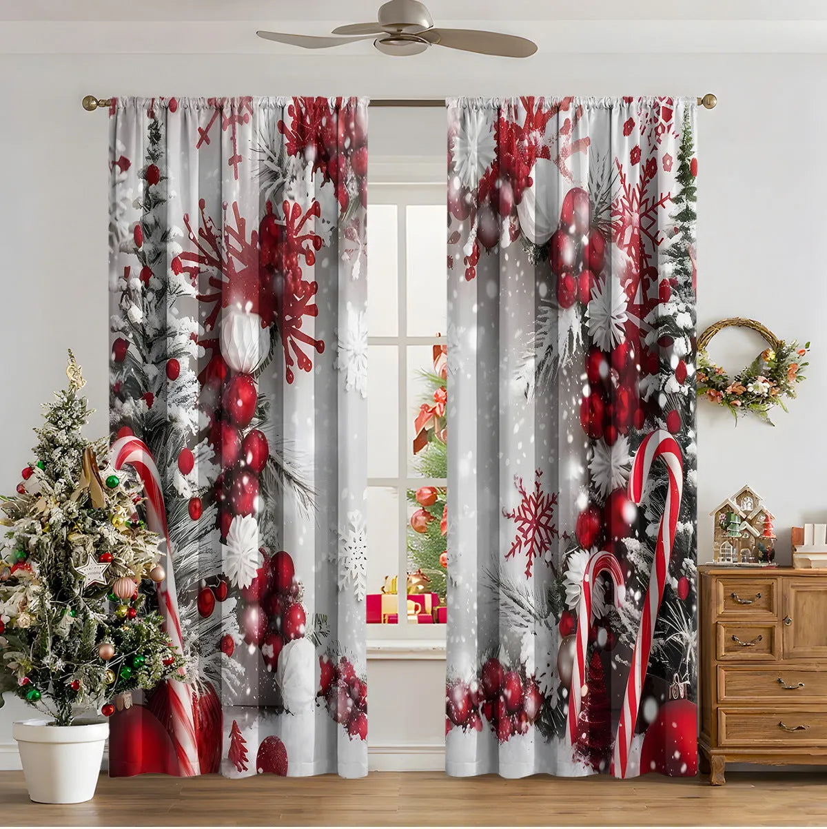3D digitally printed Christmas curtain panel hanging on a window, showing festive pattern and polyester fabric texture.