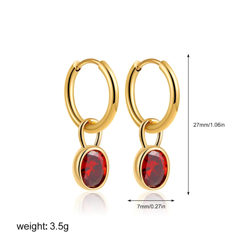 Women's oval zircon earrings in six colours with copper alloy setting and retro styling