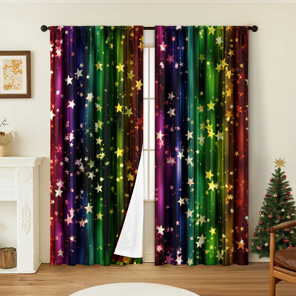 Pair of red and green 3D digitally printed Christmas themed polyester curtains hanging on a window.