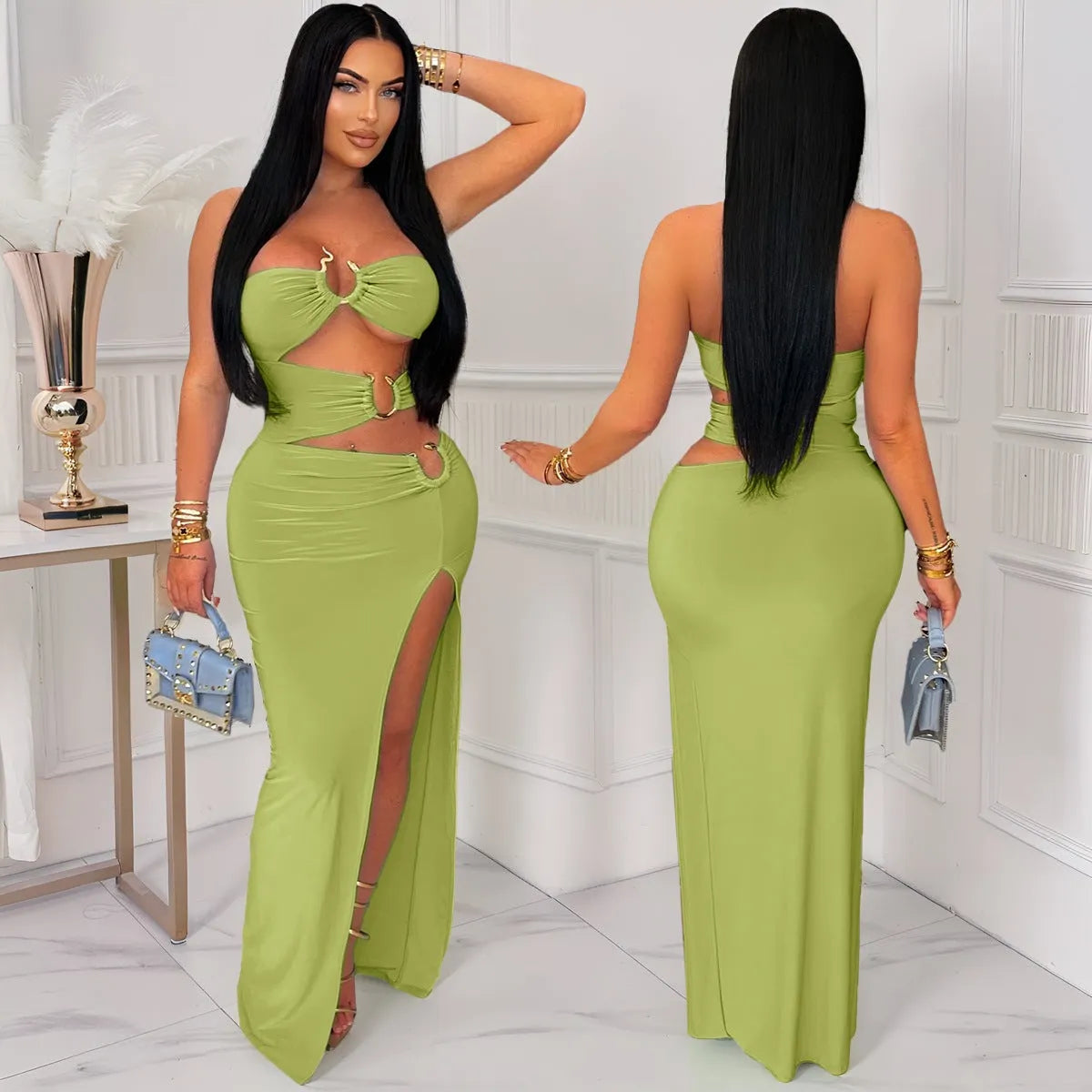 Women's solid colour high slit hip dress with hollow-out eyelet stitching, available in apricot