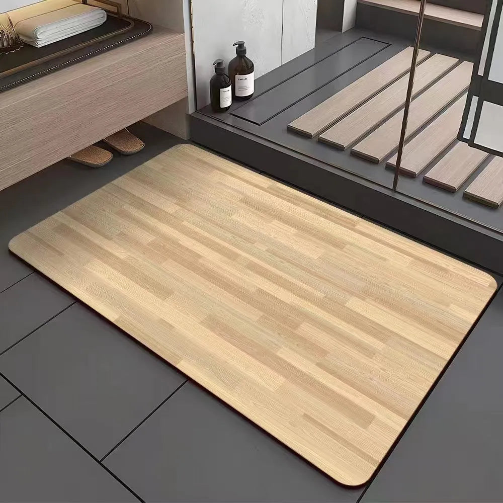 Square diatom ooze floor mat with geometric wood grain pattern in a bathroom setting.