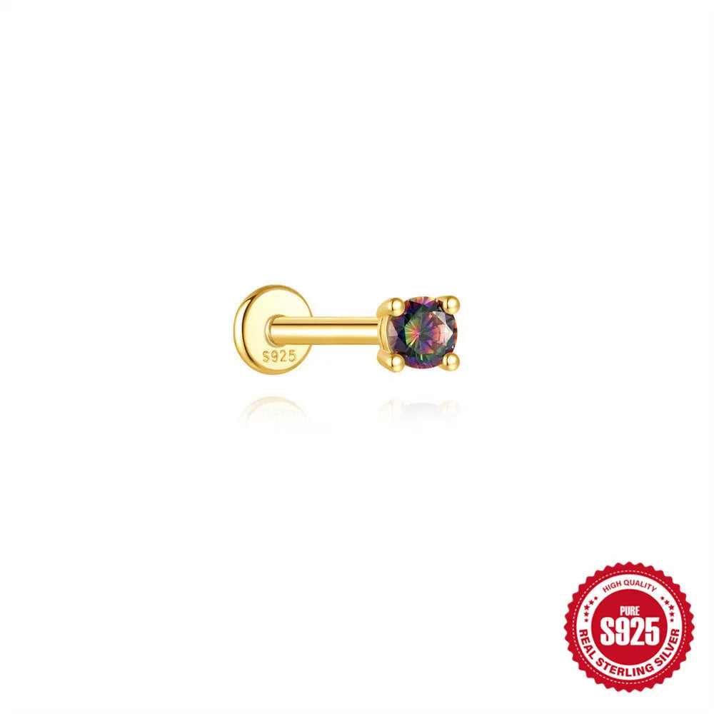 S925 sterling silver flat head thread piercing earring with rainbow stone on geometric setting.