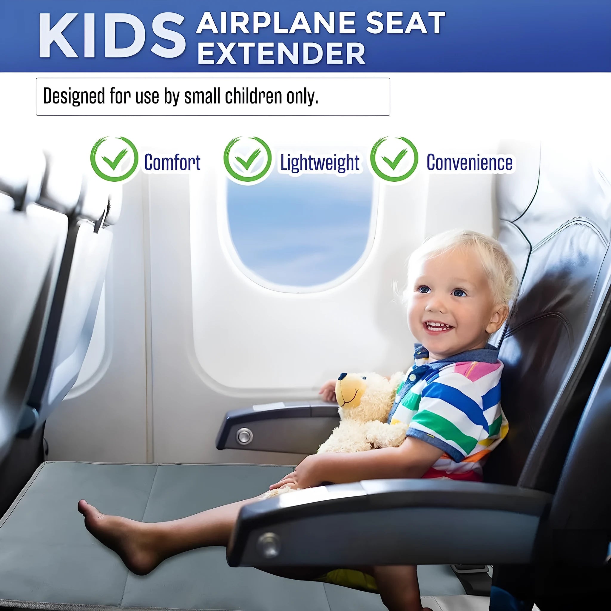 Blue portable children's aircraft seat pedal extender with drawstring storage pocket for travel
