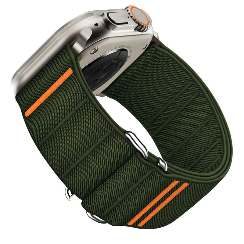 Elastic nylon Apple Watch band with stainless steel buckle shown in multiple colour options
