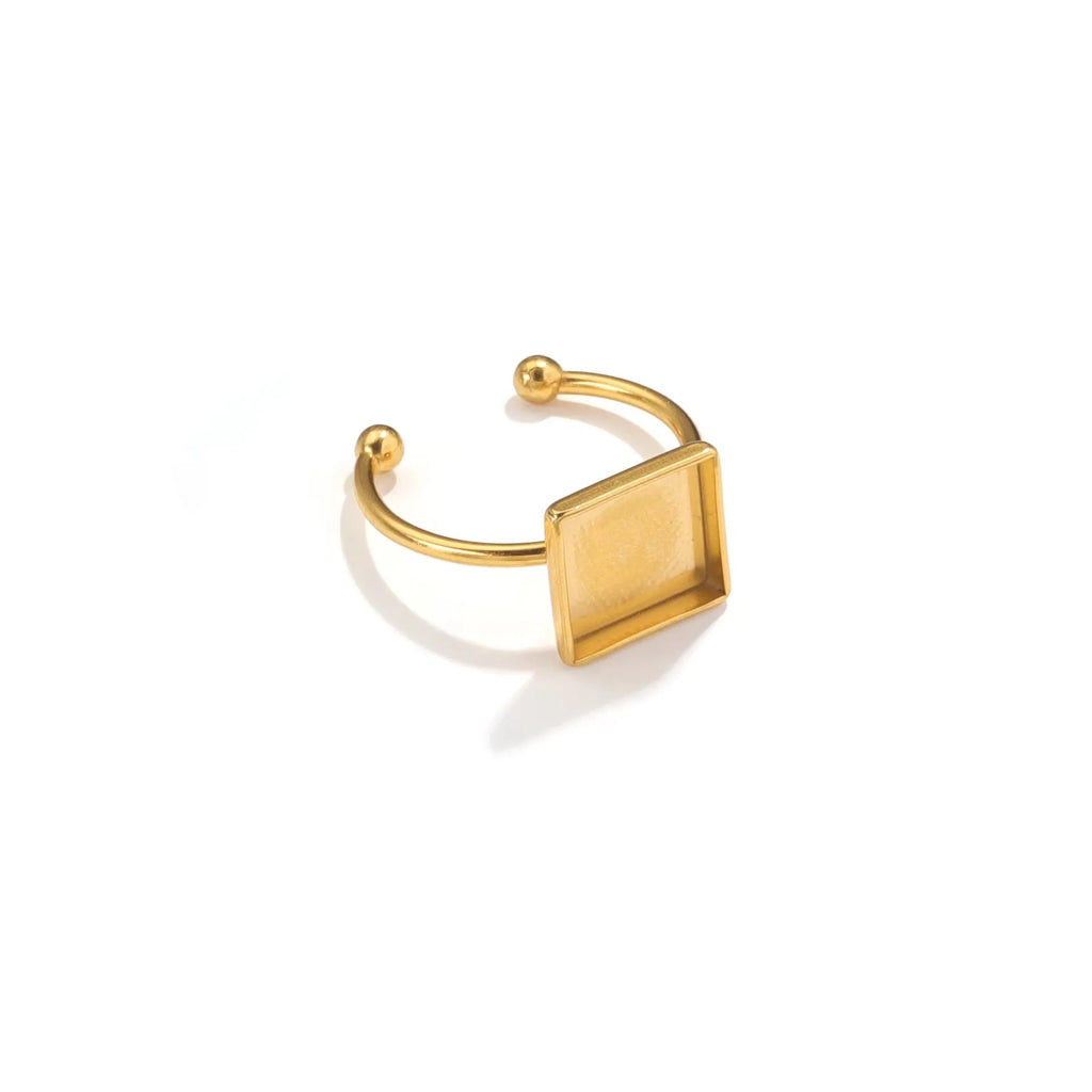 Golden electroplated stainless steel ring settings in various shapes and sizes with ring holder for DIY jewellery