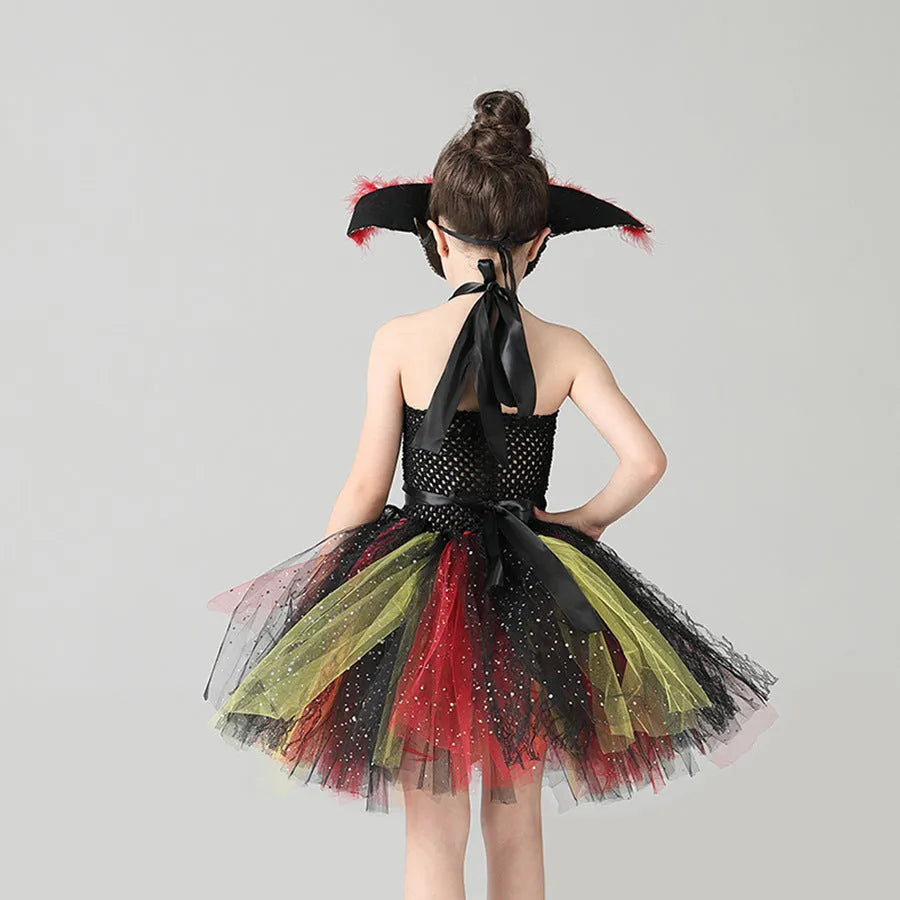 Black pirate costume dress for girls with sequin details and gauze mesh sleeves