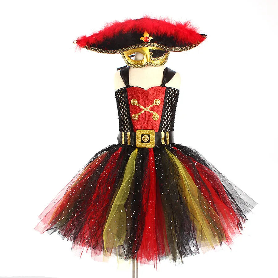 Black pirate costume dress for girls with sequin details and gauze mesh sleeves