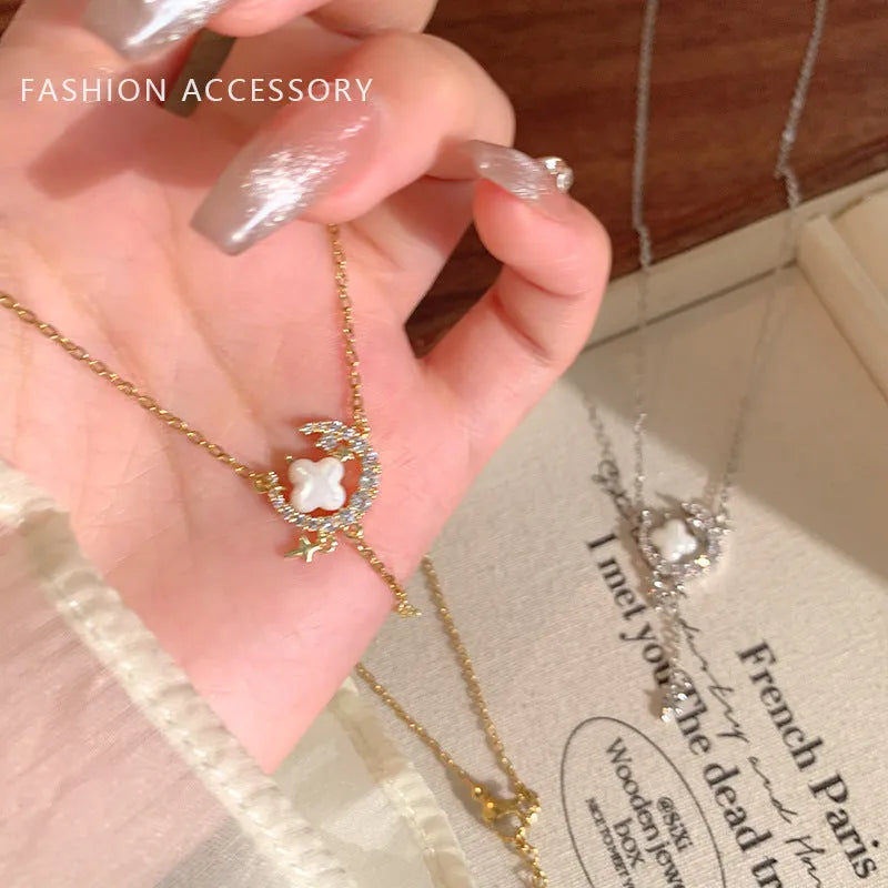 Gold star moon zirconium necklace on adjustable copper chain
