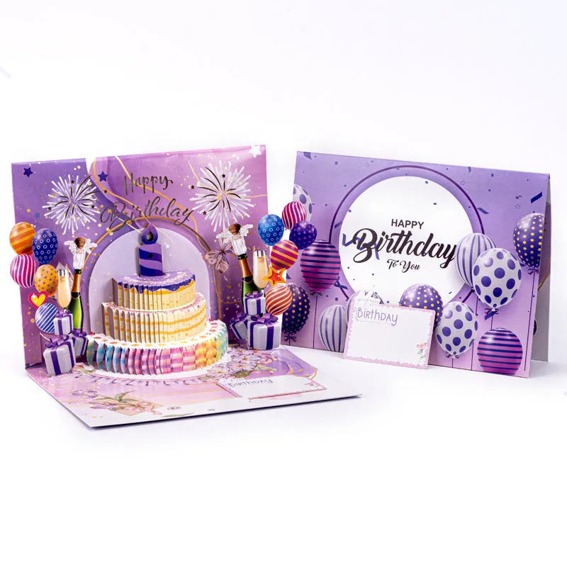 Chinese ink style greeting card with 3D cake design, manually folded, measuring 15 by 20 cm.