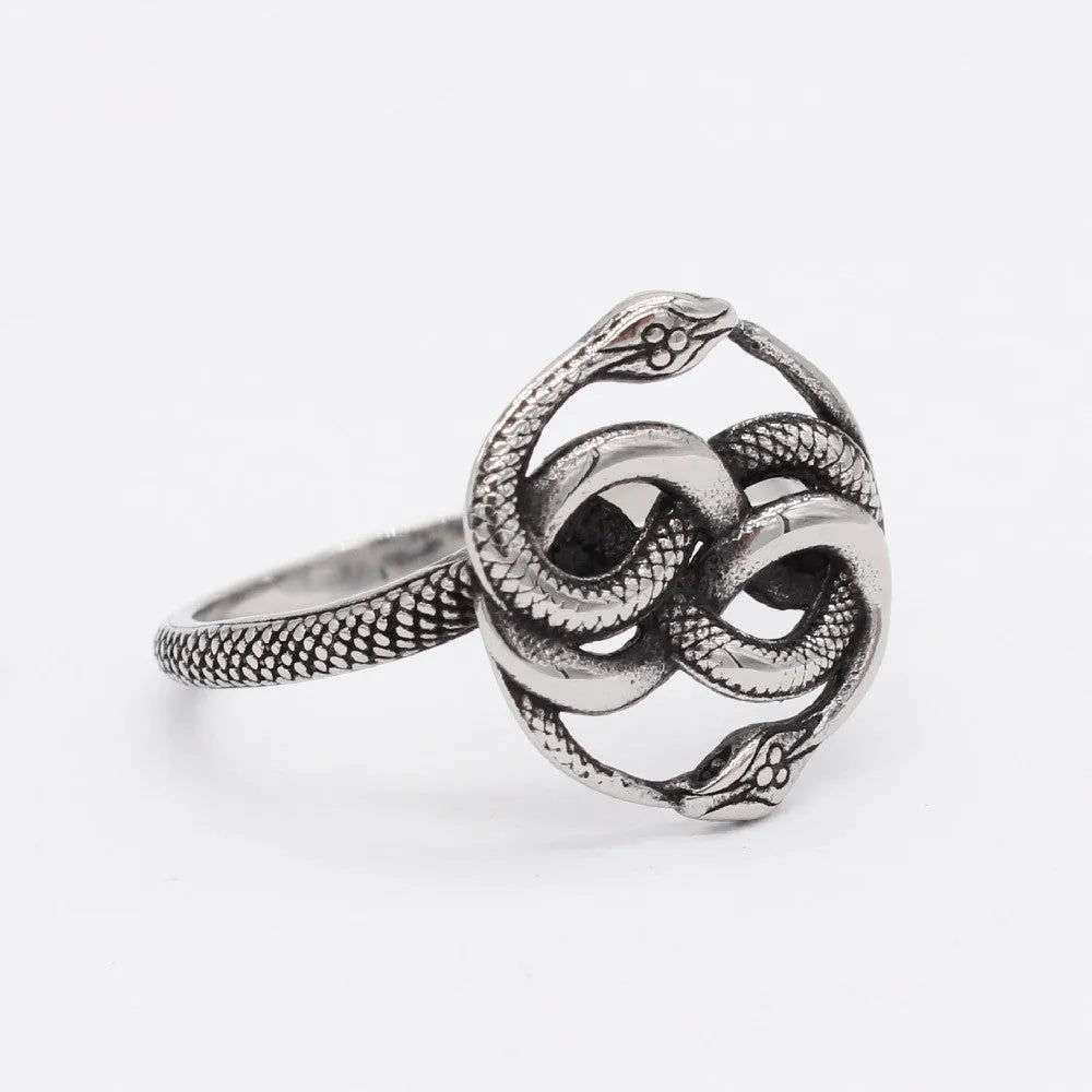 Retro style titanium steel double snake ring in steel colour on size chart