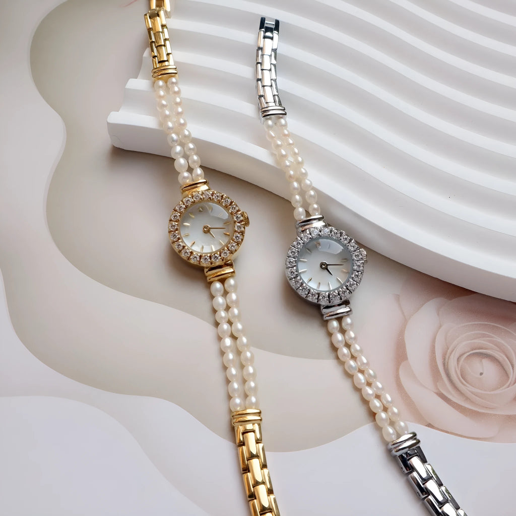 Light gold women's bracelet watch with freshwater pearls and 18mm round dial