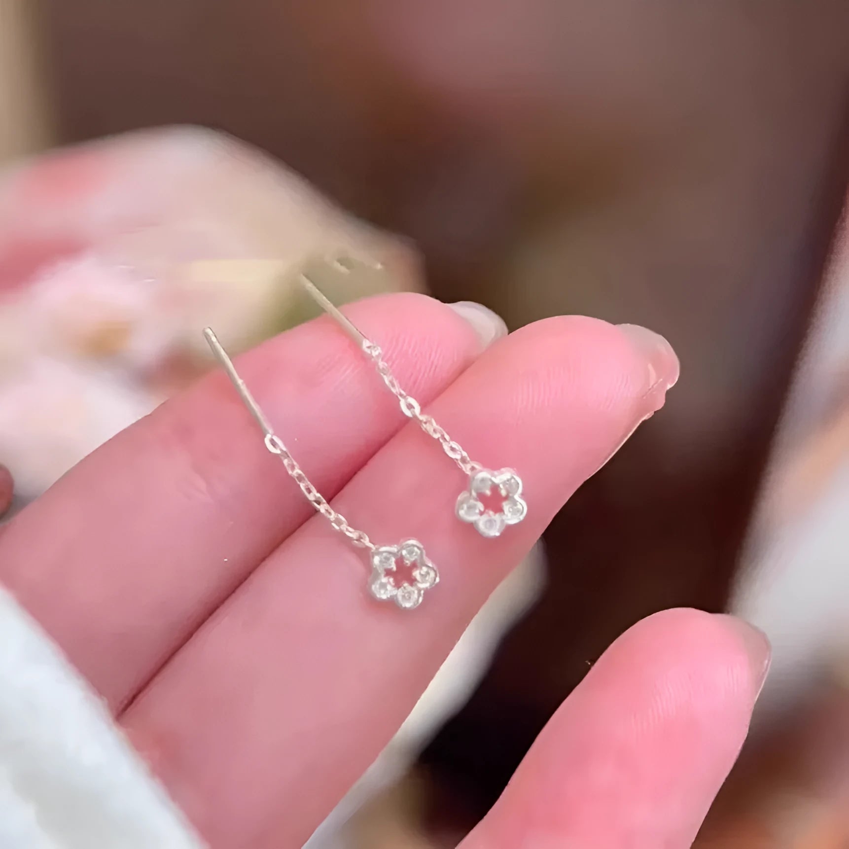 Sterling silver hollow flower dangling earrings with needle posts, silver floral alloy jewellery