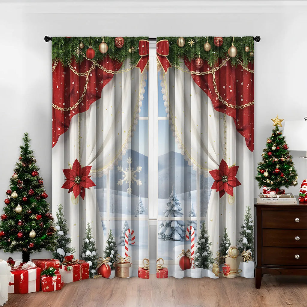 Pair of red and green 3D digitally printed Christmas themed polyester curtains hanging on a window.