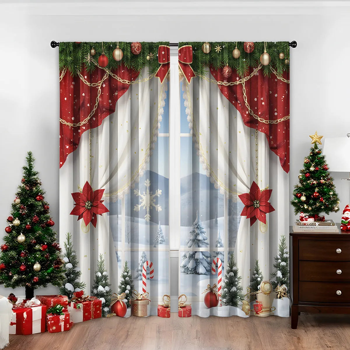 Pair of red and green 3D digitally printed Christmas themed polyester curtains hanging on a window.