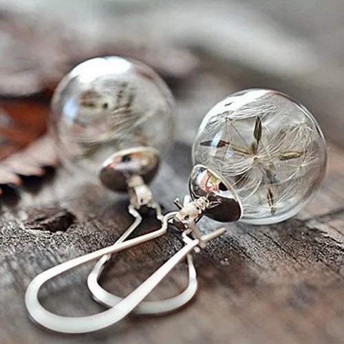 Transparent 16mm glass ball earrings with crystal dandelion seed design on silver French hooks