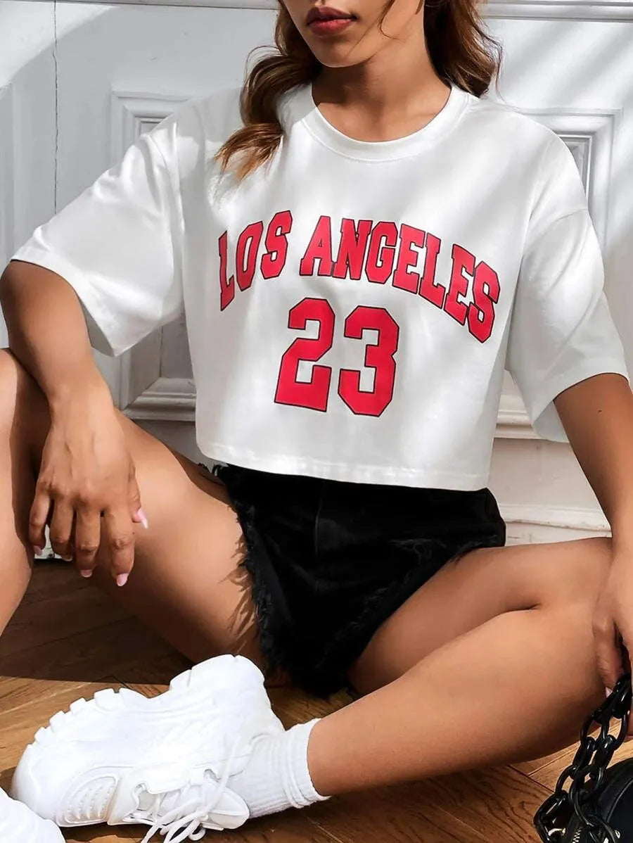 Personalised English letters cotton summer t-shirt with exposed navel design in black or white colours