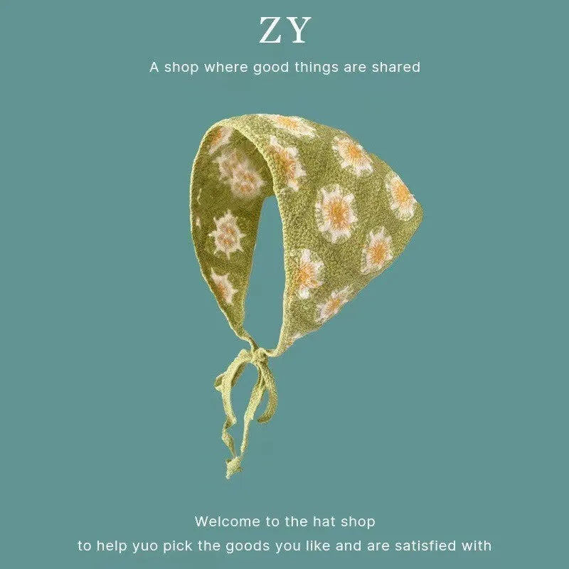 Women's cotton triangular headscarf with floral pattern, shown in beige blue little daisy design.