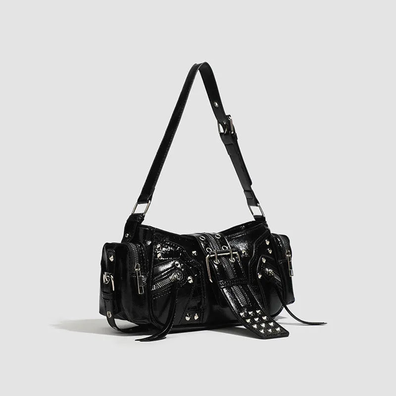 Black retro oil wax leather shoulder bag with dumpling shape and internal organisation pockets