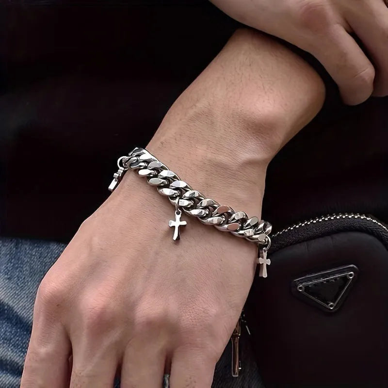 Men's titanium steel geometric bracelet with a cross design on a white background.