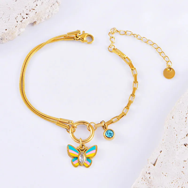 Gold epoxy butterfly necklace and bracelet set with titanium steel snake bones chain