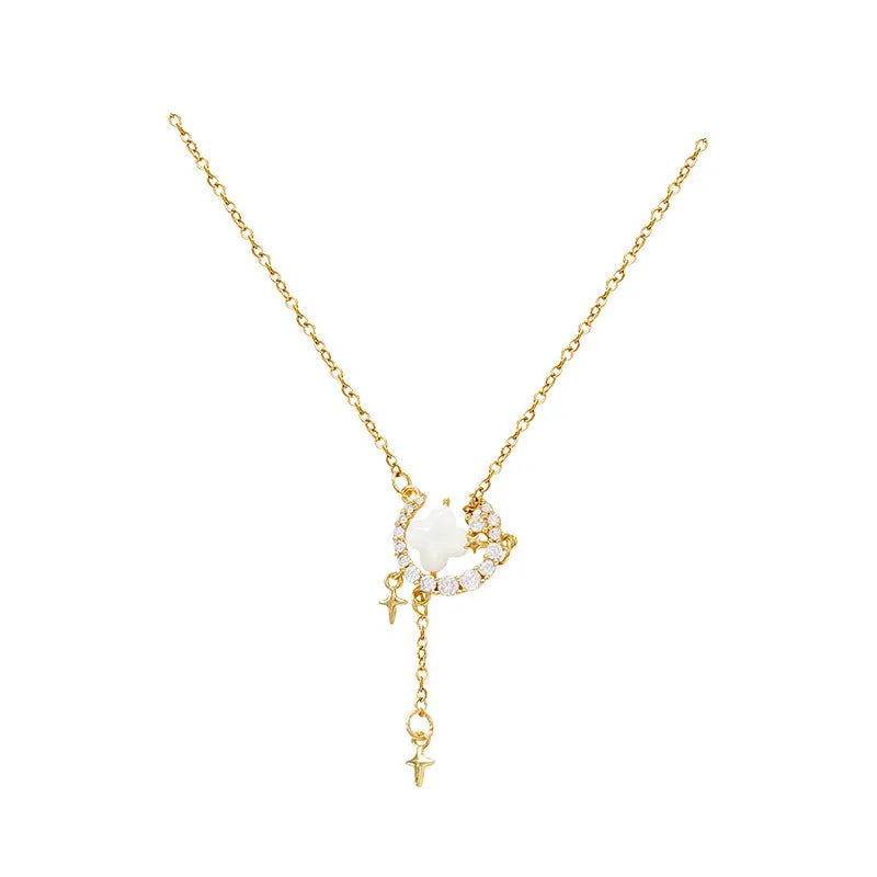 Gold star moon zirconium necklace on adjustable copper chain