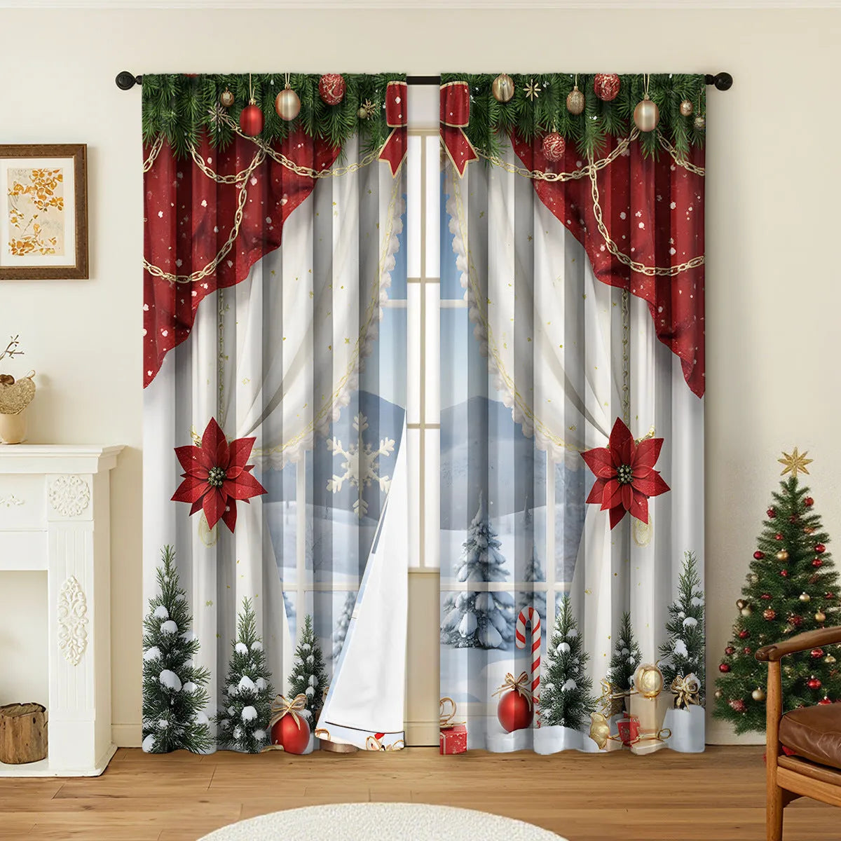 Pair of red and green 3D digitally printed Christmas themed polyester curtains hanging on a window.