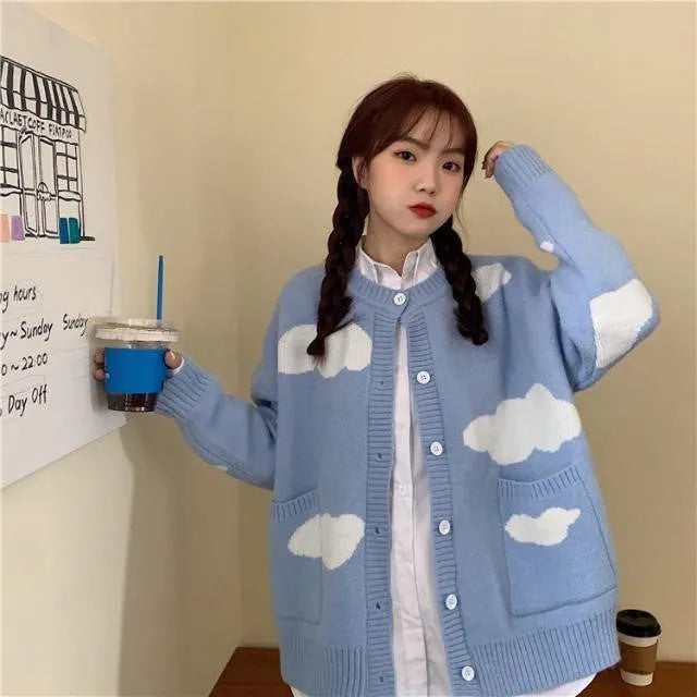 Women's blue cloud pattern spandex cardigan sweater coat with loose fit and regular sleeves