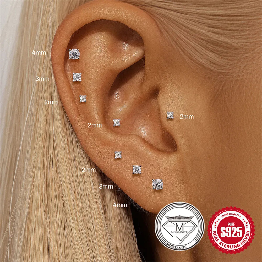 S925 sterling silver geometric stud earrings with petal diamond designs in platinum finish