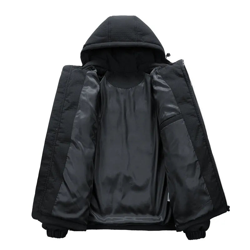 Men's black Korean-style padded coat with hood and letter print, side seam pockets visible