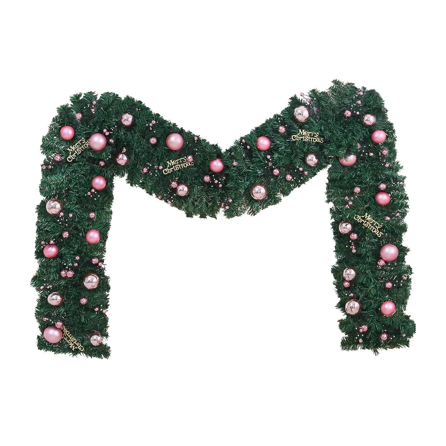 Pink Christmas rattan garland with small fruit details and LED lights draped across doorway