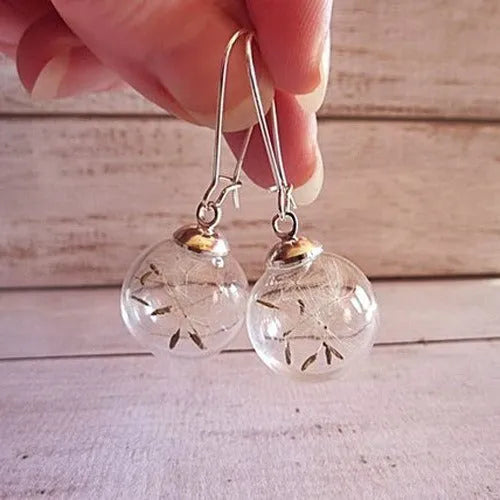 Transparent 16mm glass ball earrings with crystal dandelion seed design on silver French hooks