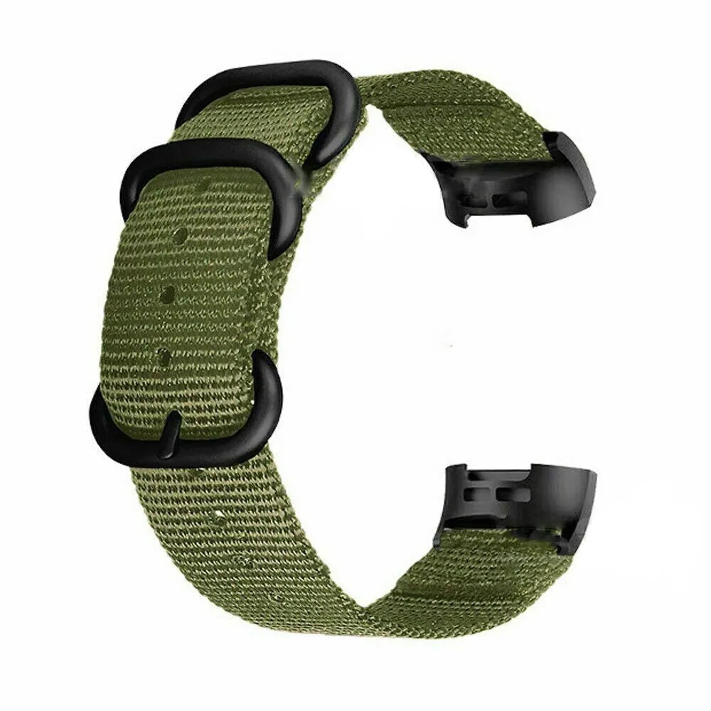 Nylon three-ring buckle replacement strap for Fitbit Charge 3 fitness tracker in multiple colours.