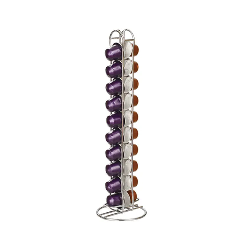 Wrought iron coffee capsule storage rack holding pods with black or silver finish