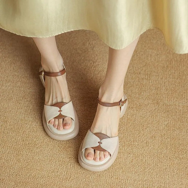 Women's chunky heel platform sandals with open toe in renewable leather