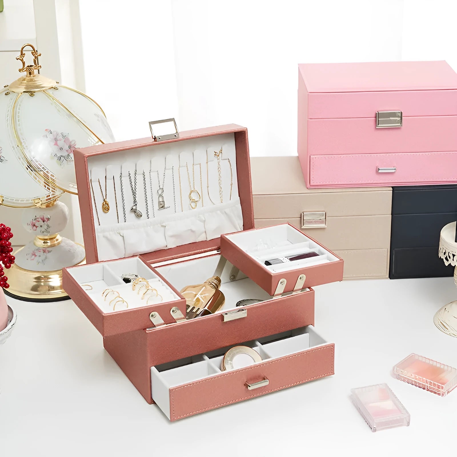 European style PU leather jewellery storage box in black, pink, rose gold or beige